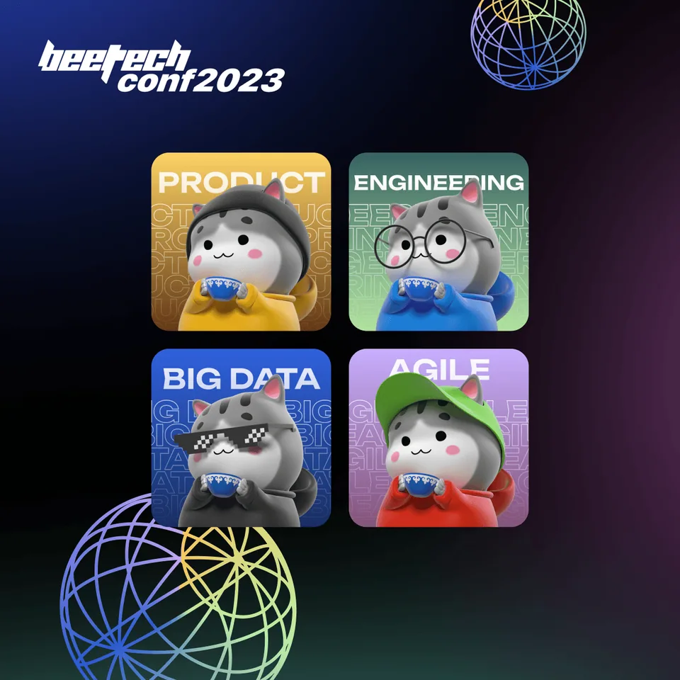 beetech 2023 key-visual banner: the original cat mascots, one per track