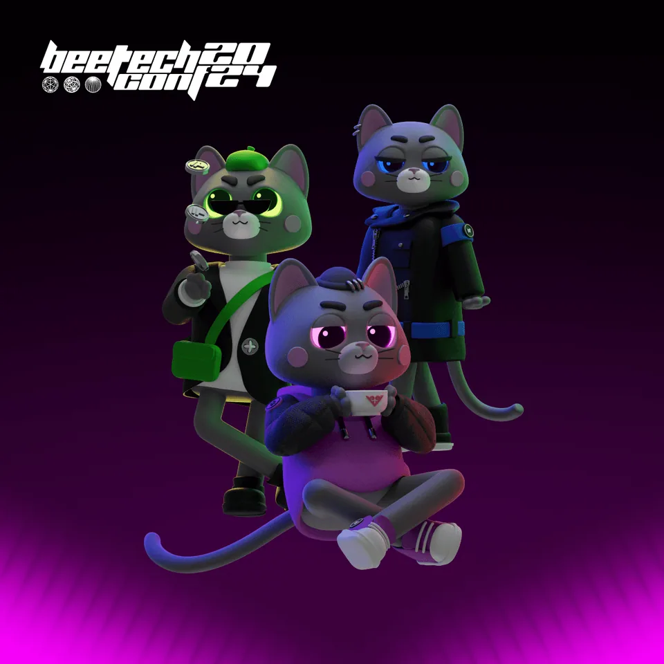 beetech 2024 key-visual banner: aged, neon mascots as a trio