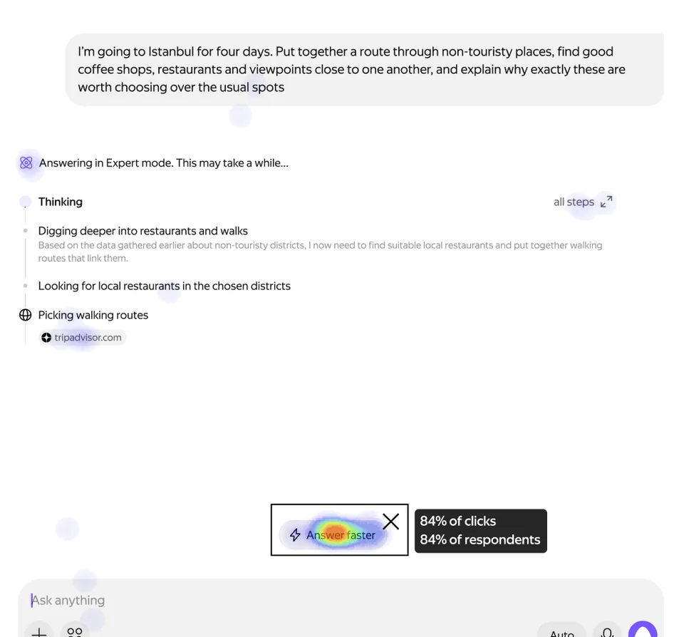 First-click heatmap: Answer faster placed above the composer, 84% of first clicks