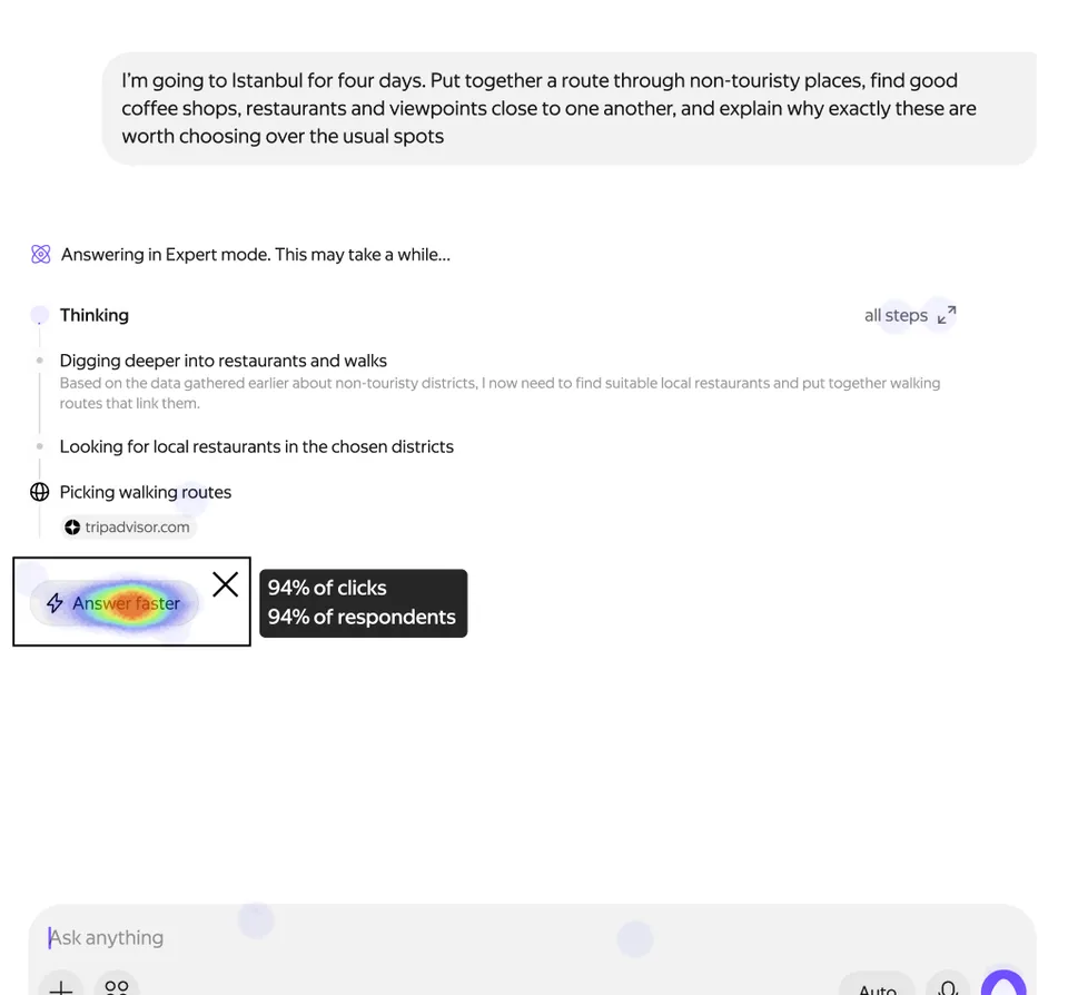 First-click heatmap: Answer faster placed right under the reasoning, 94% of first clicks
