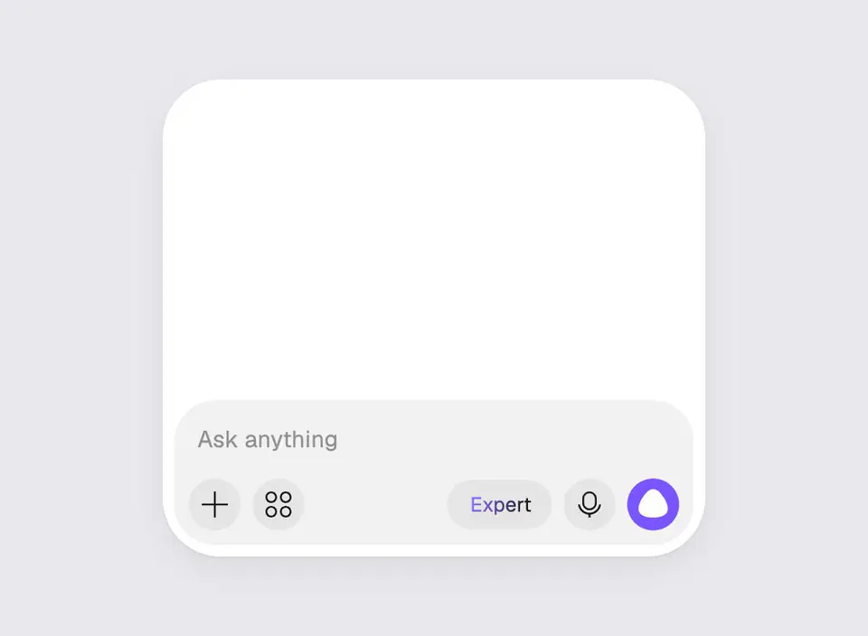Animation of the Alice composer: the Intelligence: Auto button opens the Response mode sheet, Expert is picked, and the button turns into a shimmering Expert