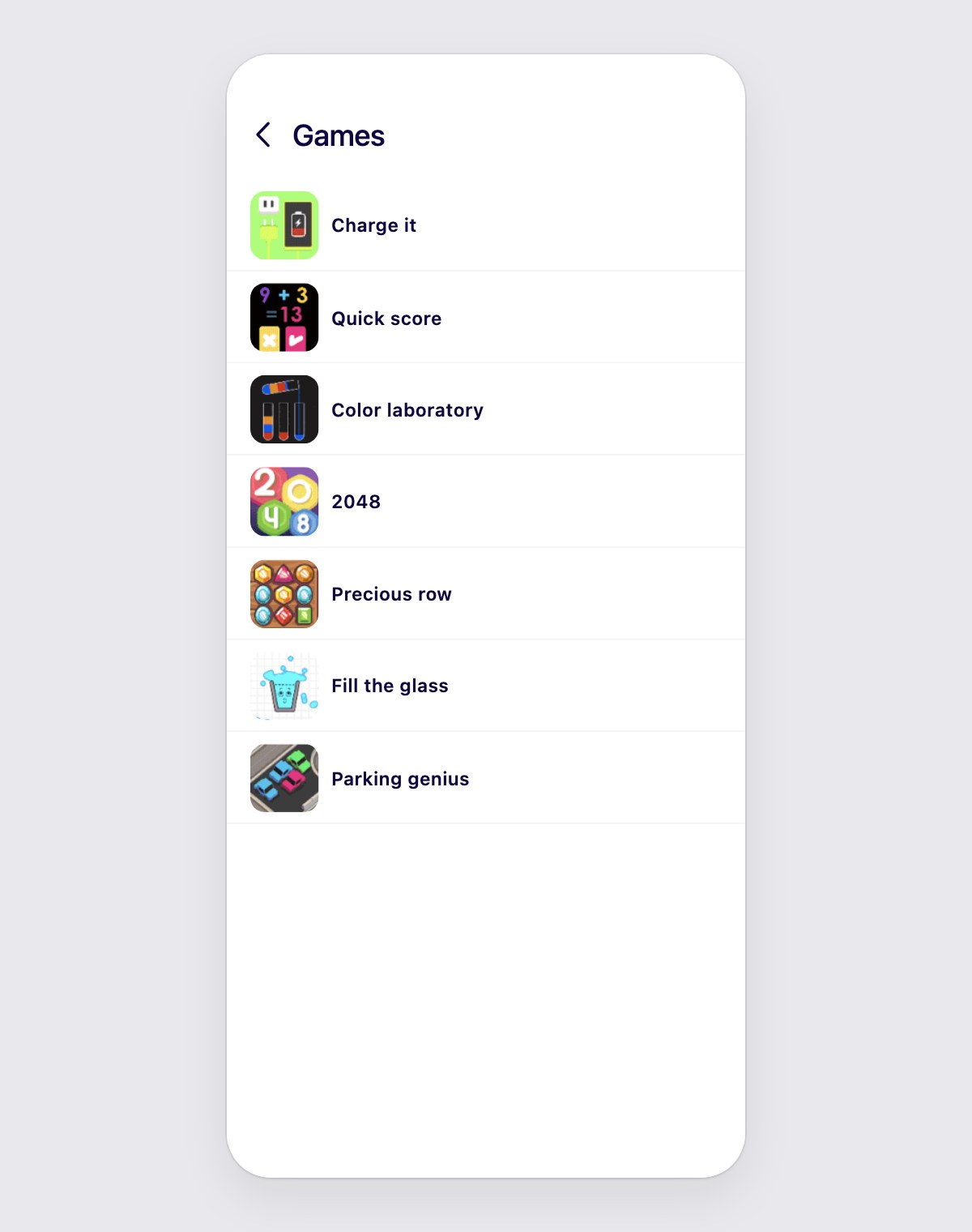 The old Games screen: a plain list of seven games, each an icon and a name, with no tournament