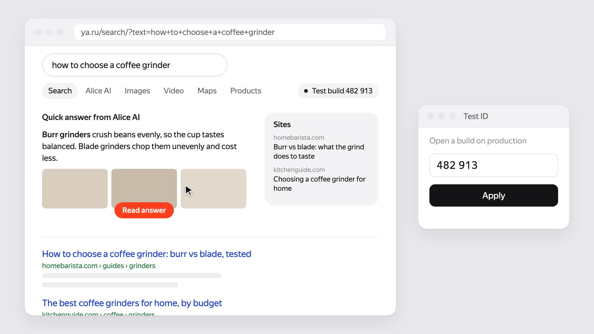 Animation of two windows: a 6-digit ID is typed into a Test ID window and applied, and the ya.ru page beside it reloads with the AI answer in its new design, from the test build