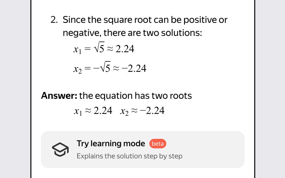 Animation: under the solved equation x² = 5, a Try learning mode card with a beta badge appears: Explains the solution step by step