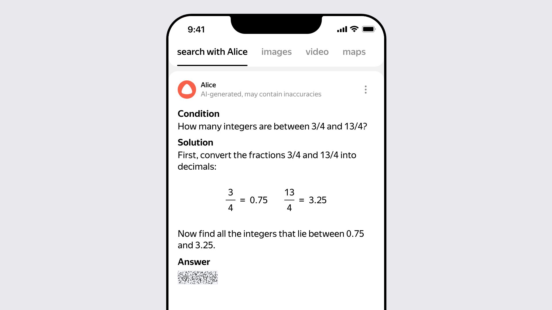 Animation of a Neuro homework answer in Yandex mobile Search to how many integers are between 3/4 and 13/4: it builds block by block, Condition, Solution turning the fractions into 0.75 and 3.25, the Answer hidden under a spoiler of drifting particles, then three follow-up questions and a Refine your question field