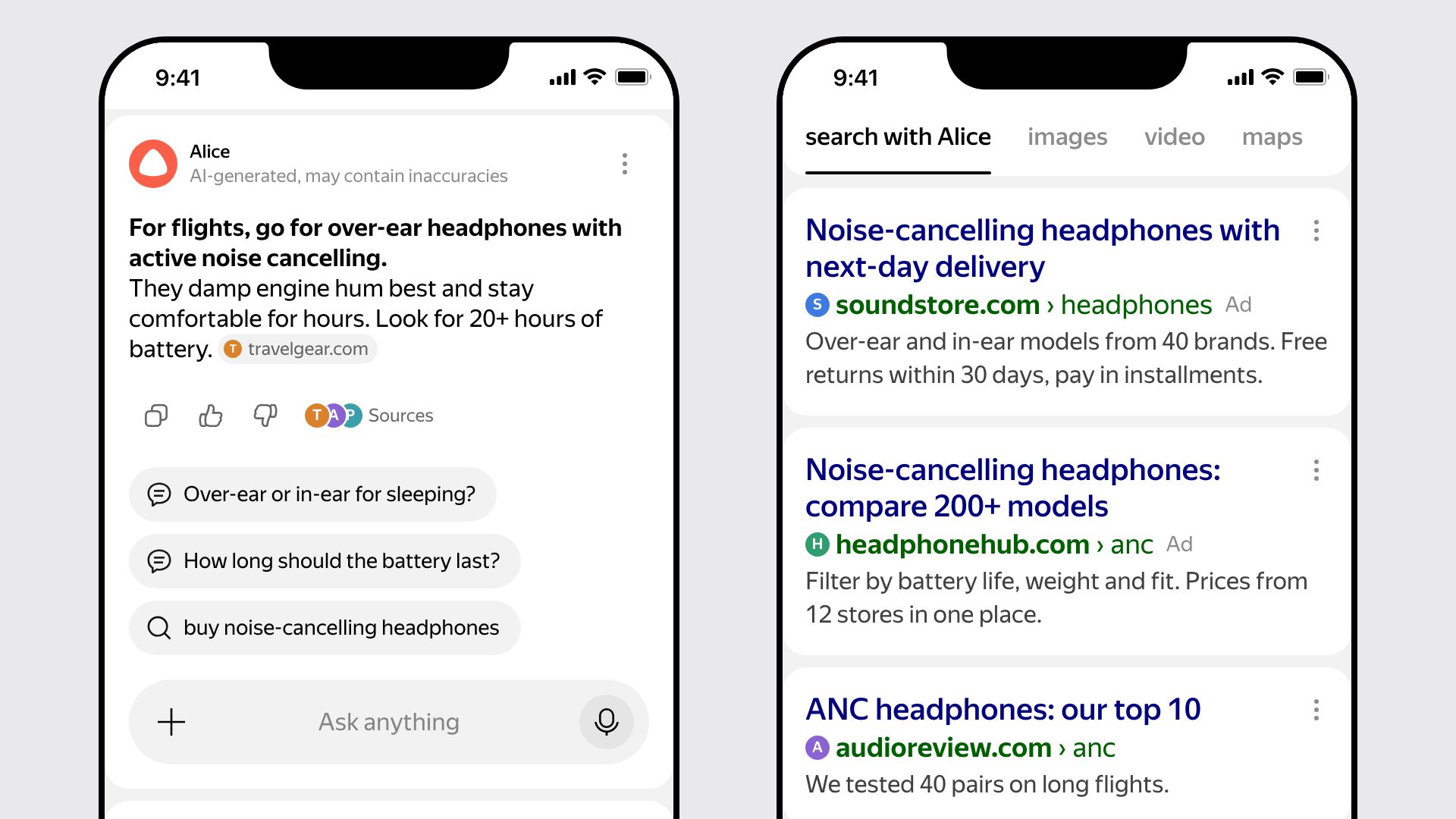 Animation of a Neuro answer in Yandex mobile Search to the query headphones for flights: three follow-ups grow under the answer, two questions with a chat icon and a search, buy noise-cancelling headphones, with a magnifier; the search is tapped and its results page opens beside the answer, two ads on top and the first organic result under them