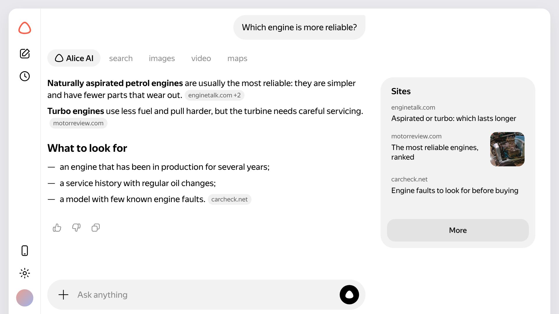 Animation of desktop Yandex Search for how to choose a car: the quick answer from Alice AI with a gallery of cars and a Sites panel fades above a divider with a red Show more; Show more unfolds the full answer in place, with sections, source chips, three follow-up questions and an Ask anything composer; the follow-up Which engine is more reliable? is clicked and the page becomes the Alice AI chat without a reload: the old answer slides up and away, the tab pill slides from search to Alice AI, the question lands as a bubble, a chat rail slides in, and the Sites panel stays in place, shimmers while loading and fills with the new answer's sources as the answer streams in; then the search tab takes it back to the results page